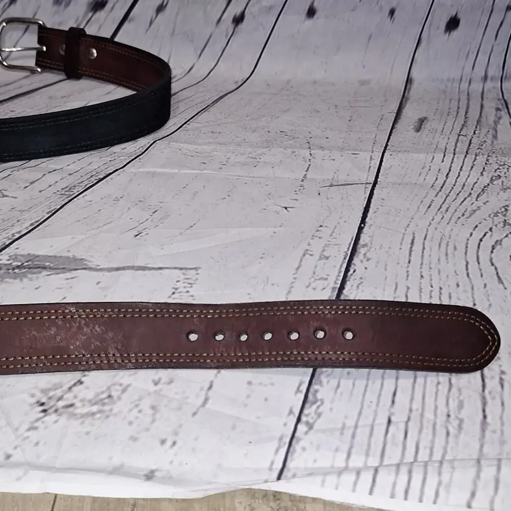 Brown Genuine Leather Belt Double Stitch Silver Tone Buckle Classic SzL 56